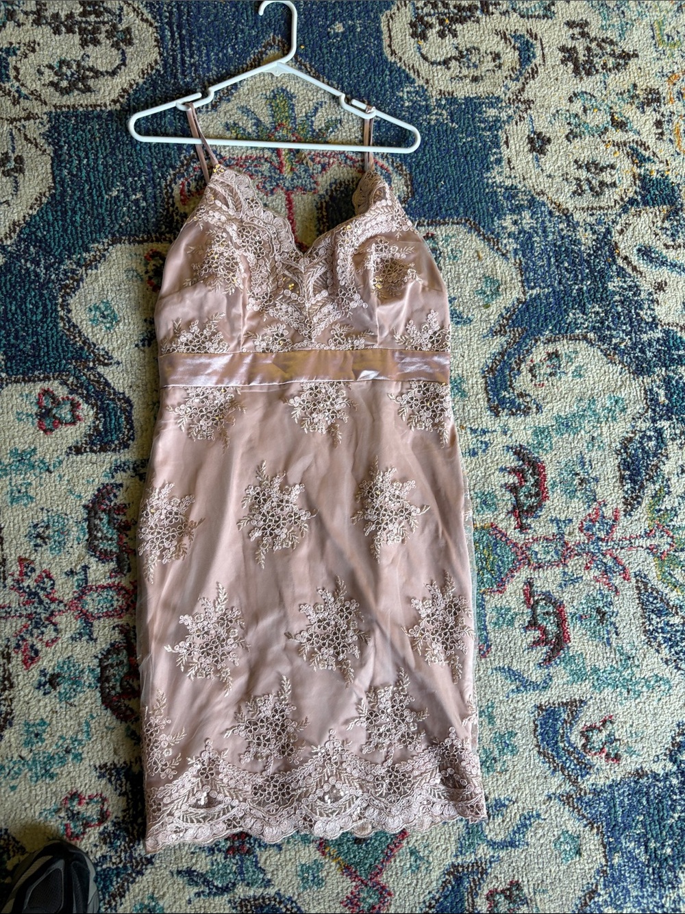 VENUS Blush Pink Lace-Embellished Mini Dress